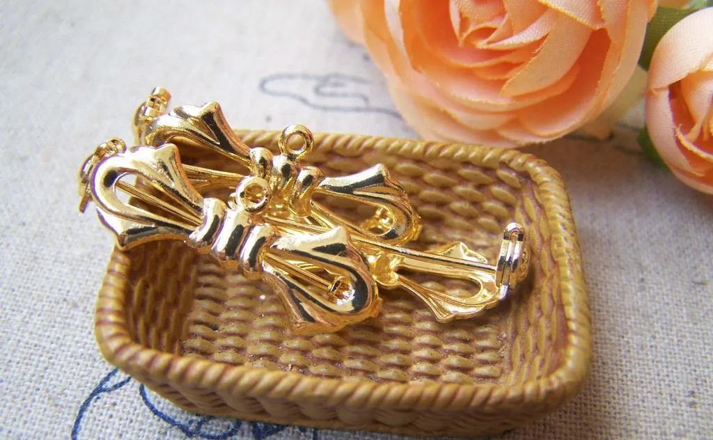 10 pcs Gold Bow Tie Safety Pin Brooch 10x27mm  A3063