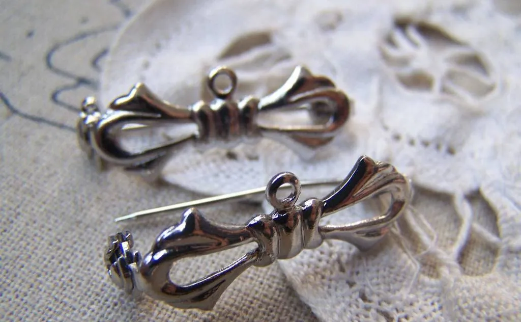 10 pcs Silver Gray Bow Tie Safety Pin Brooch 10x27mm A3084