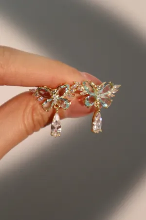 14K Real Gold Plated Blue Gem Butterfly Diamond Earrings