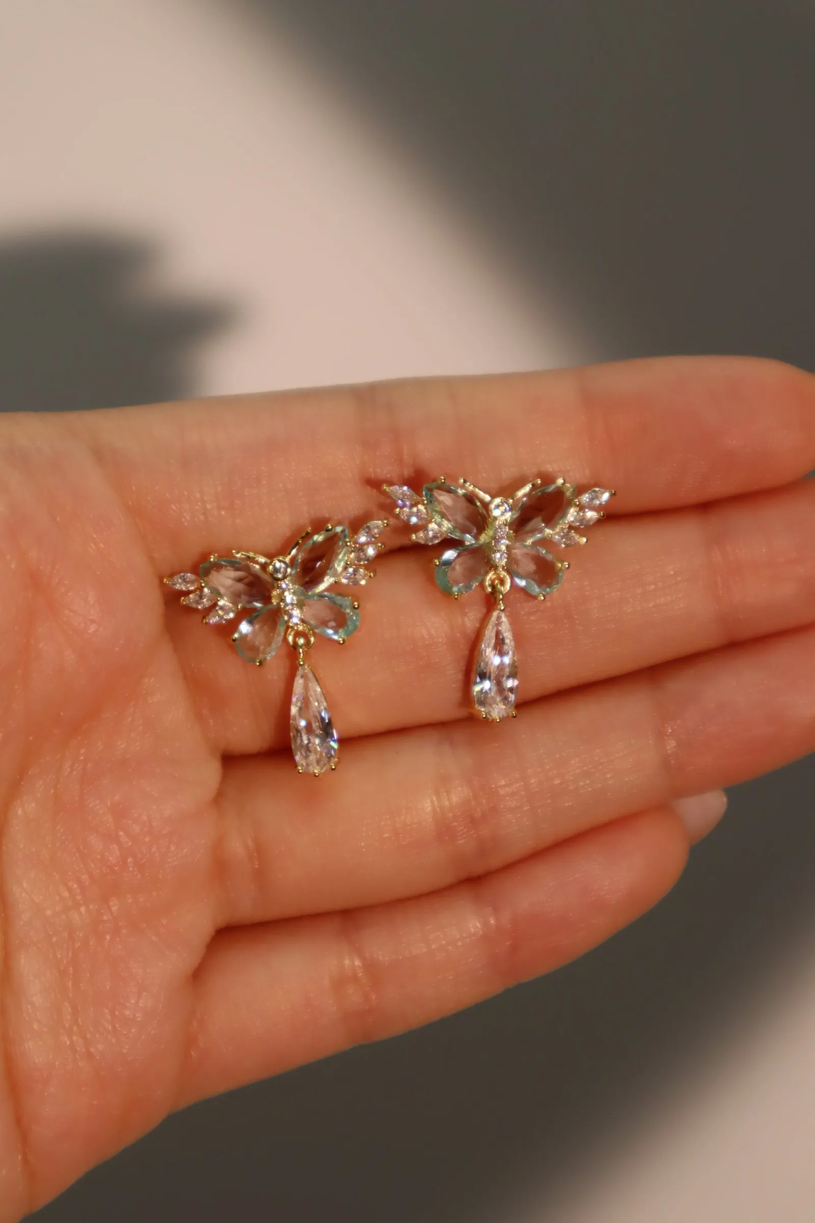 14K Real Gold Plated Blue Gem Butterfly Diamond Earrings