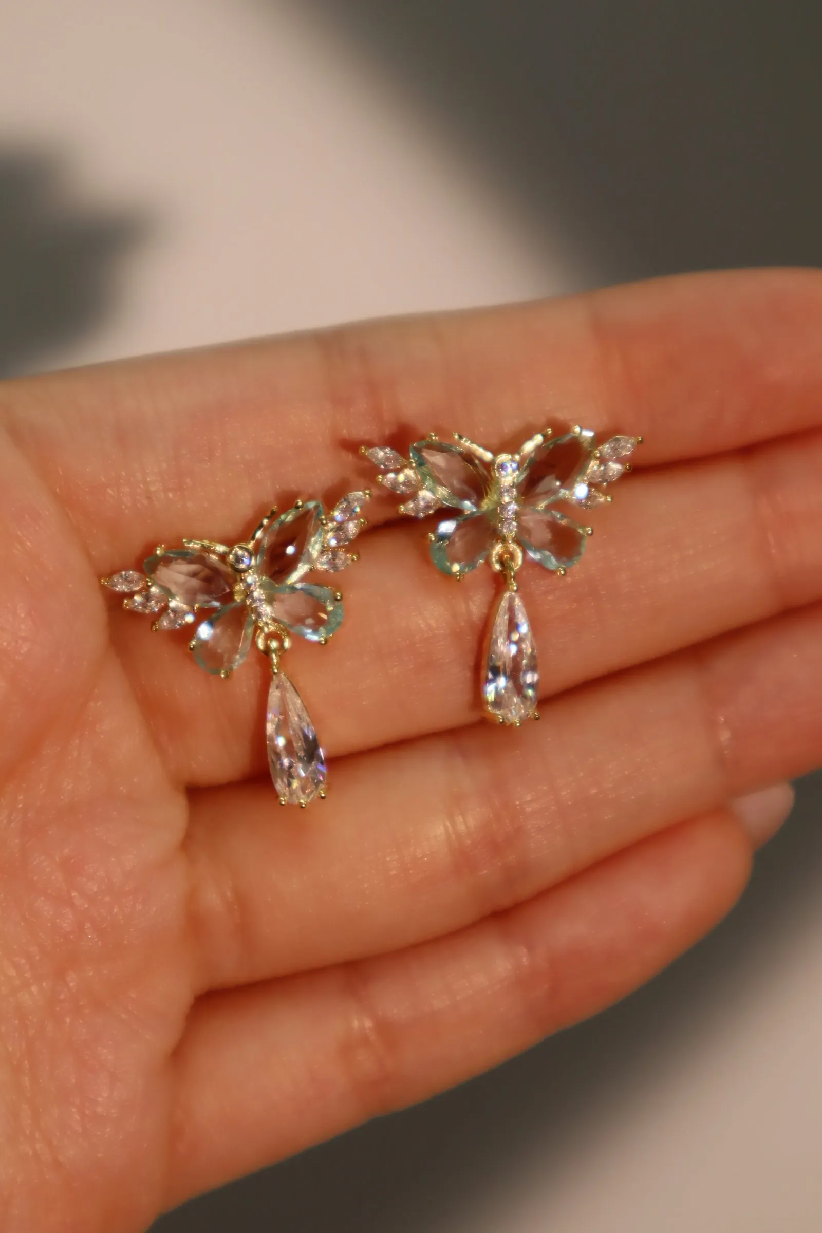 14K Real Gold Plated Blue Gem Butterfly Diamond Earrings