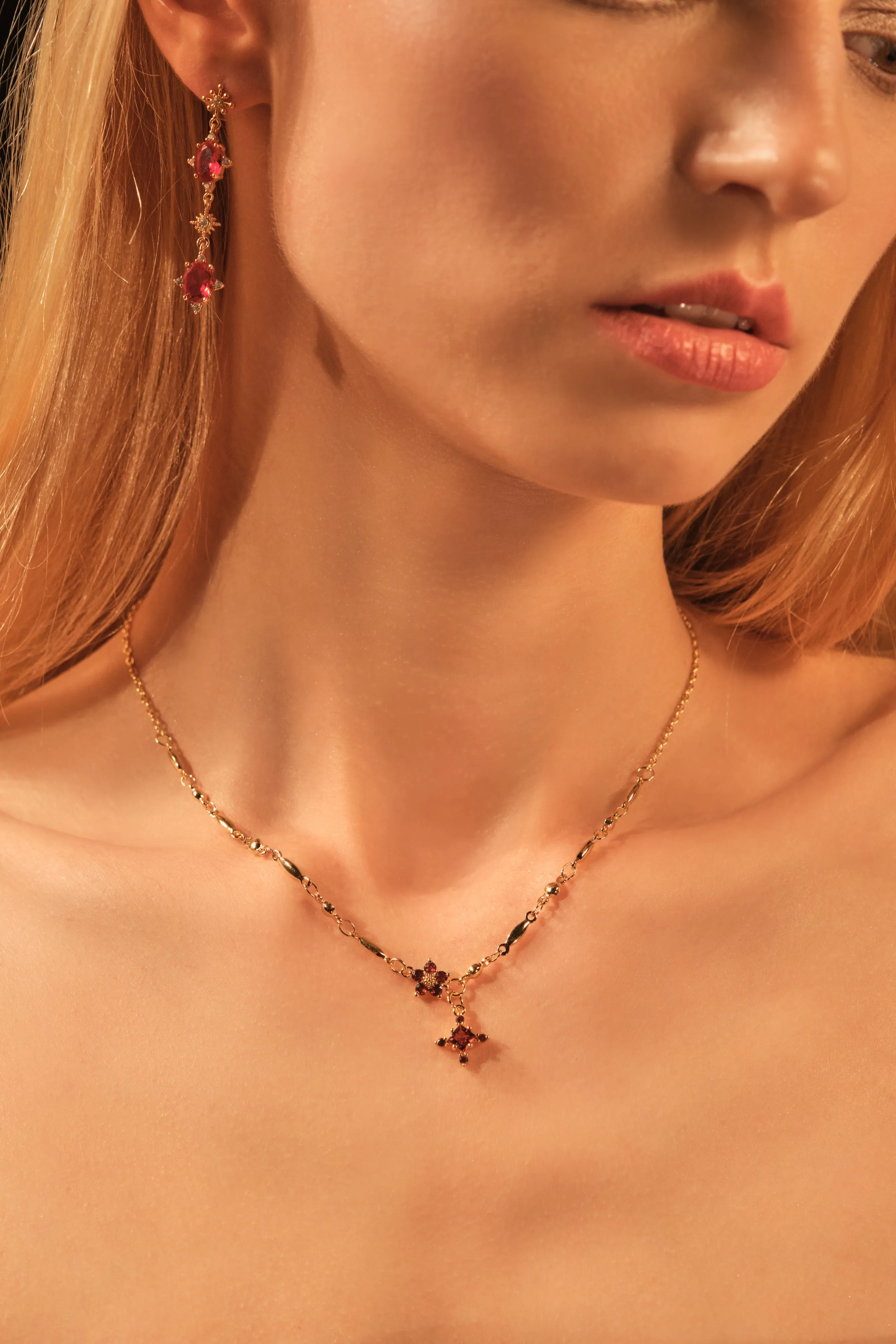 14K Real Gold Plated Red Gem Pole Star Earrings