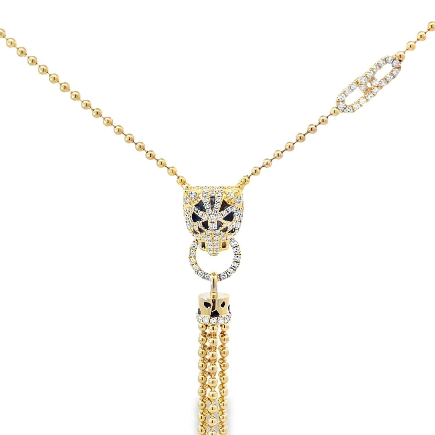 14KT PANTHER DIAMOND TASSEL NECKLACE.