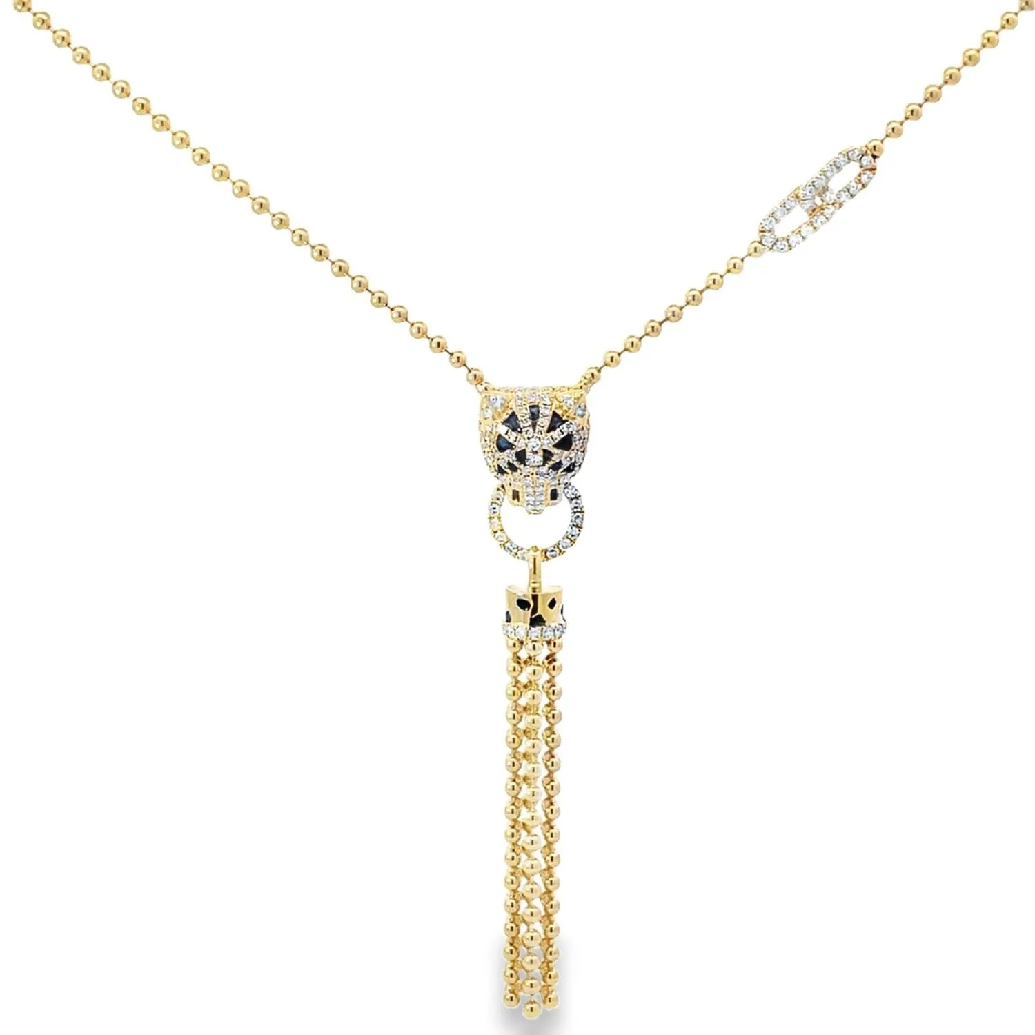 14KT PANTHER DIAMOND TASSEL NECKLACE.