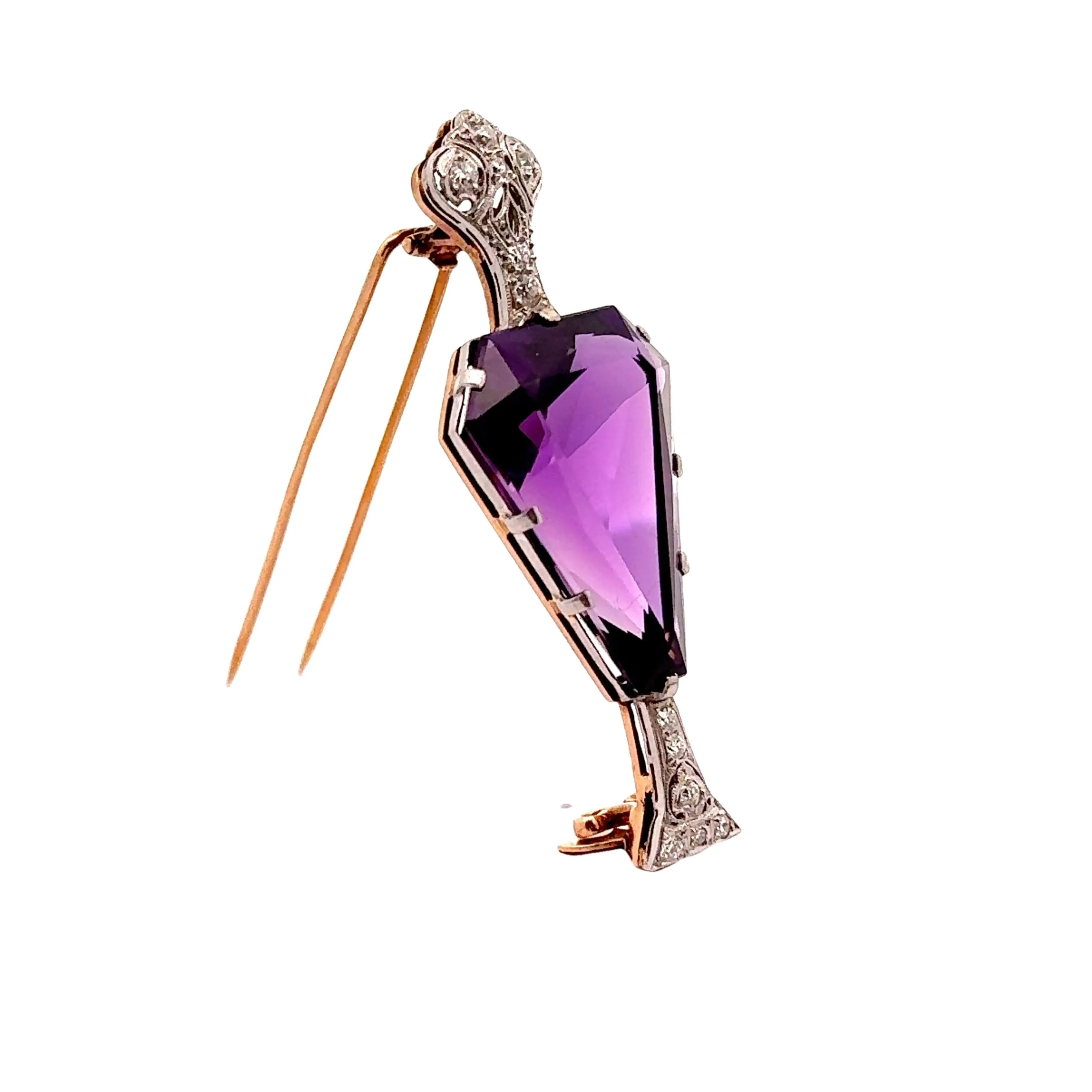Antique 35.00 Carat Amethyst Diamond Platinum & 14k Yellow Gold Brooch