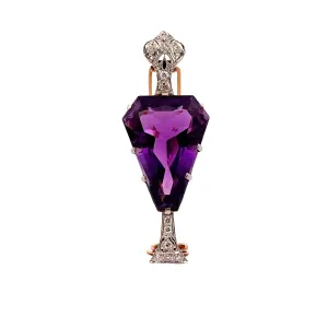 Antique 35.00 Carat Amethyst Diamond Platinum & 14k Yellow Gold Brooch
