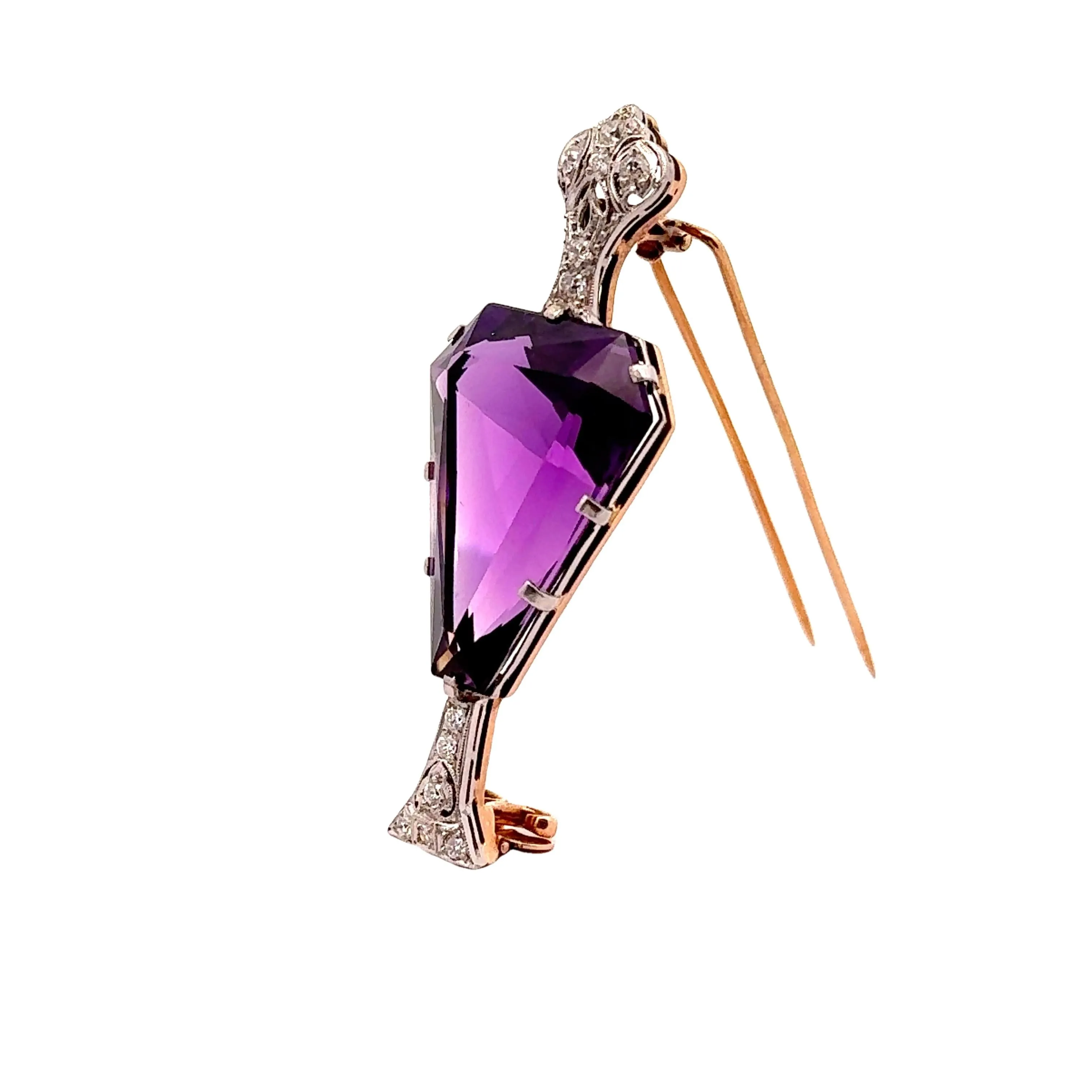 Antique 35.00 Carat Amethyst Diamond Platinum & 14k Yellow Gold Brooch
