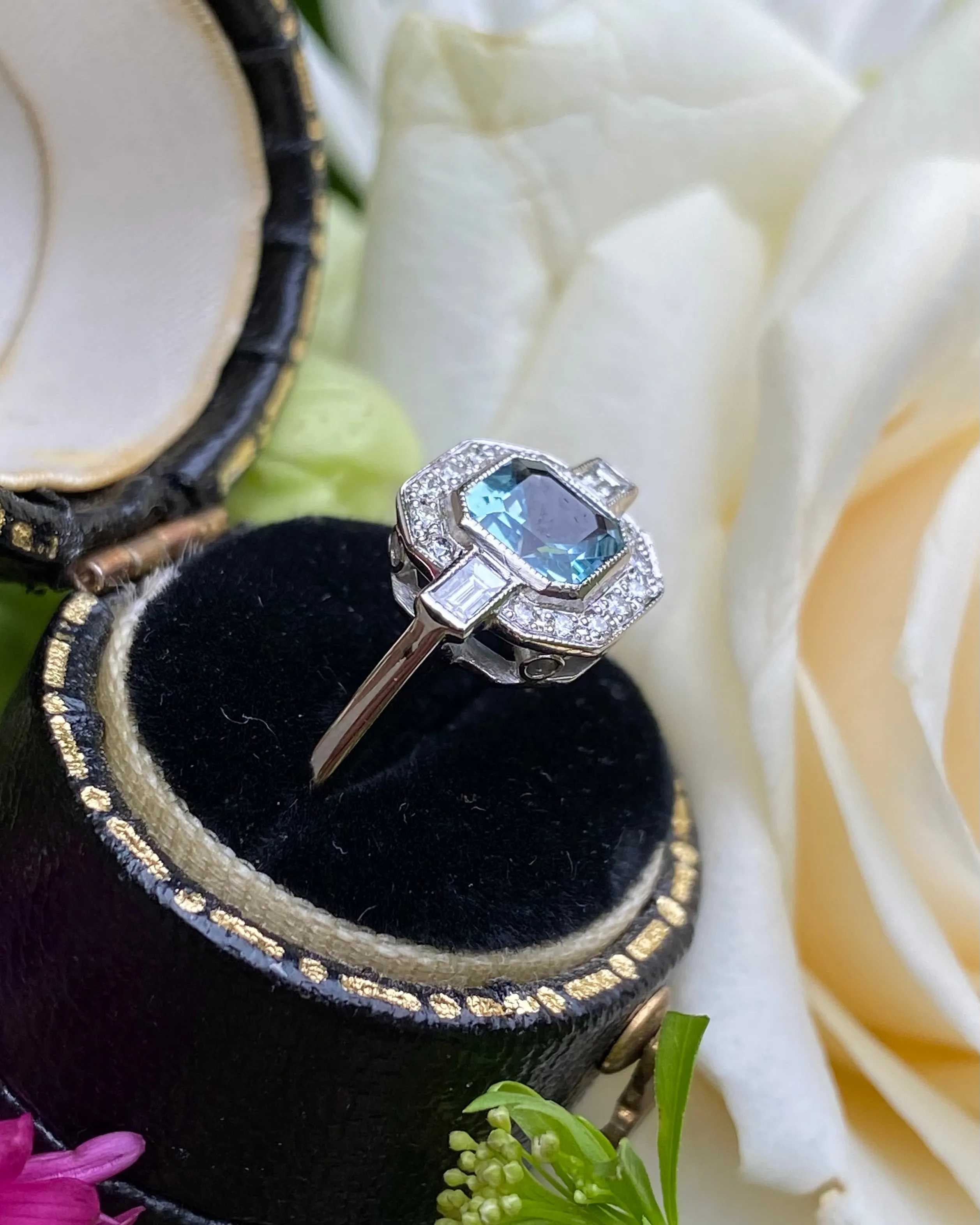 Art Deco Aquamarine and Diamond Platinum Ring 0.25ct   0.55ct