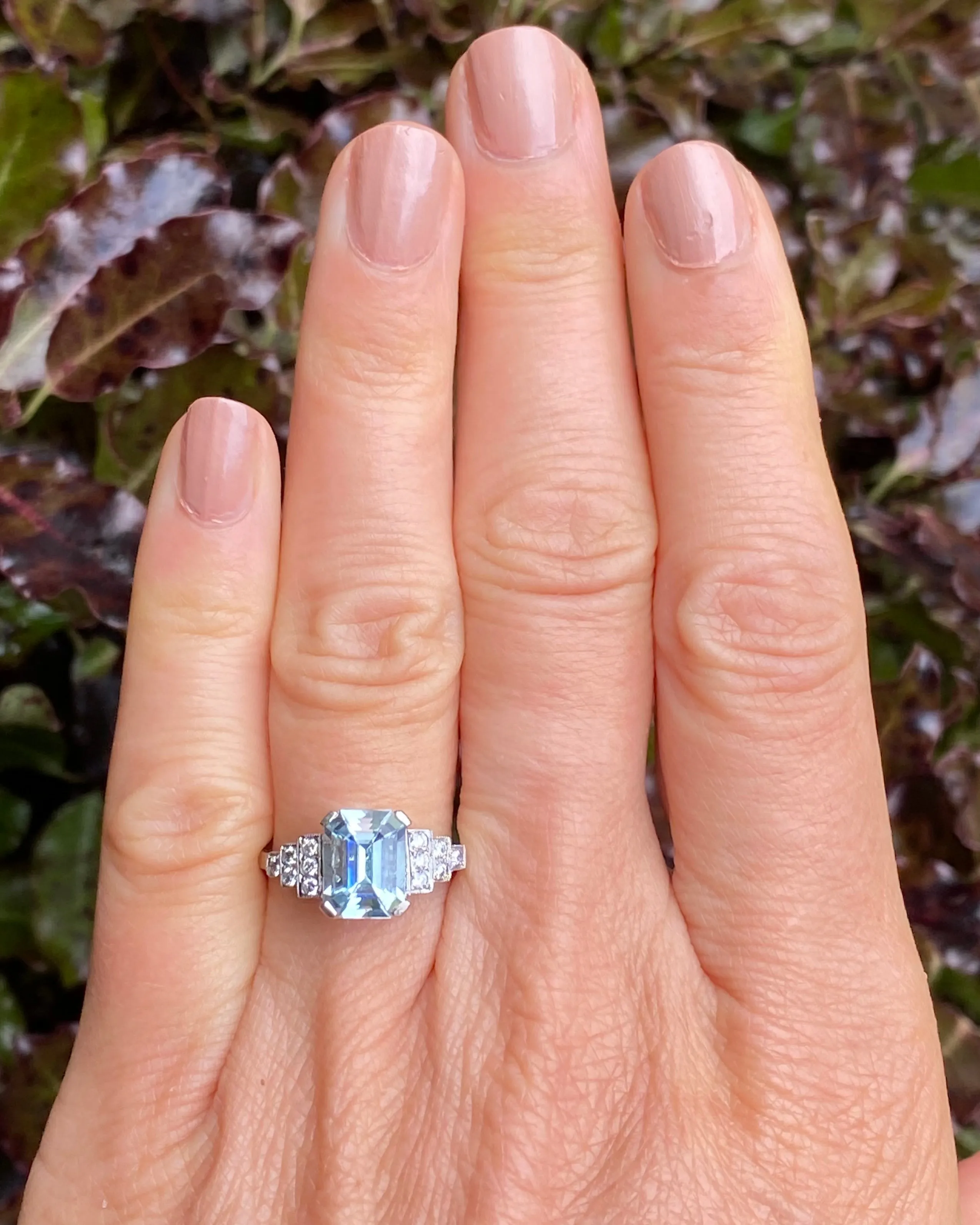 Art Deco Aquamarine and Diamond Ring Platinum 0.25ct   1.90ct
