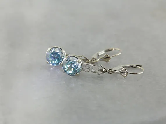 Art Deco Blue Zircon Filigree White Gold Drop Earrings