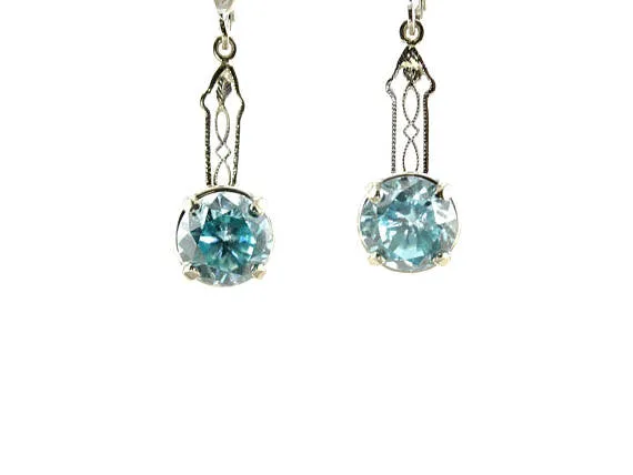 Art Deco Blue Zircon Filigree White Gold Drop Earrings