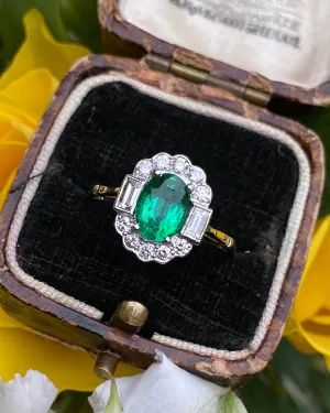 Art Deco Emerald and Diamond Cluster Ring 18ct Yellow Gold 0.50ct   1.10ct