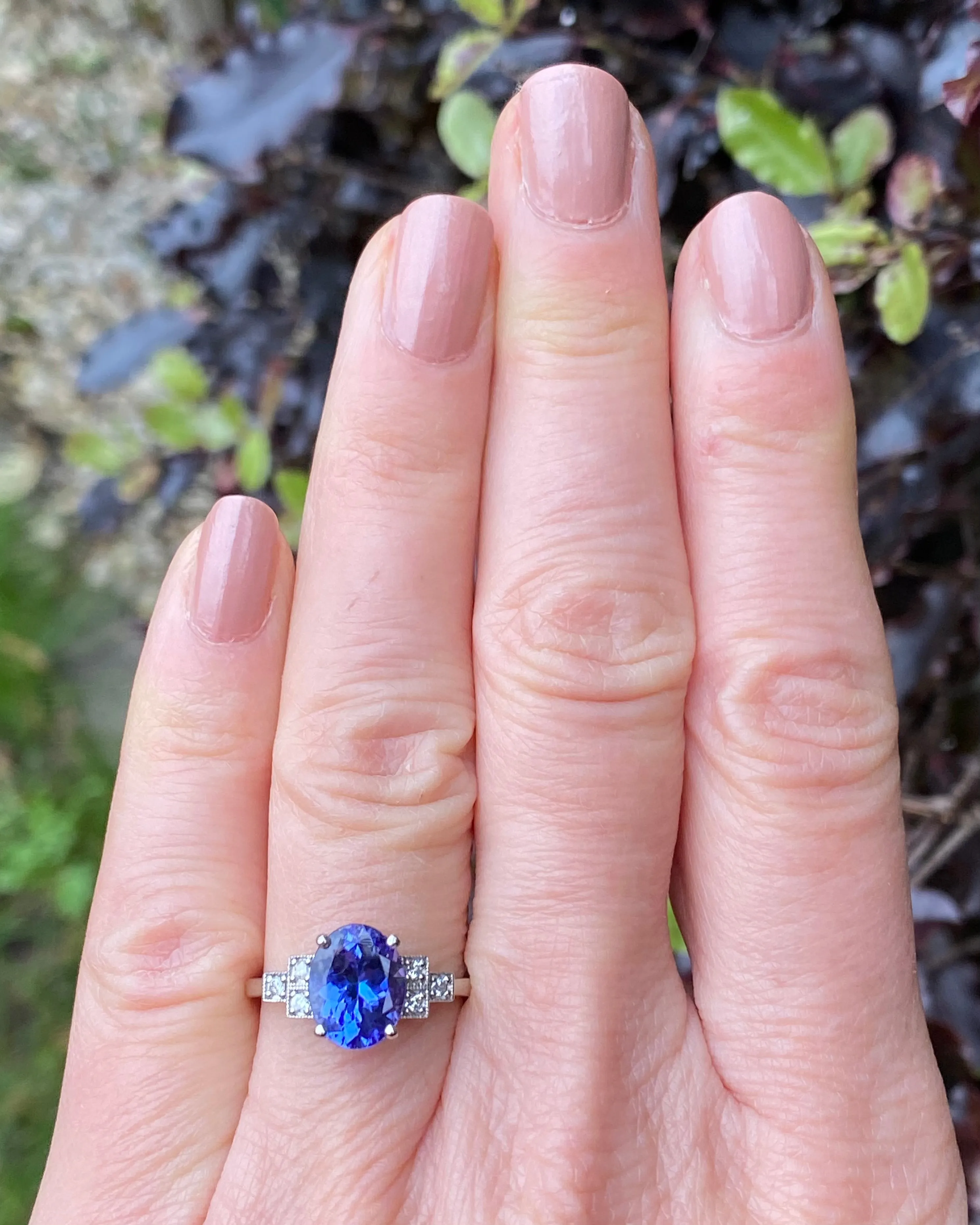 Art Deco Tanzanite and Diamond Platinum Ring 0.16ct   2.38ct