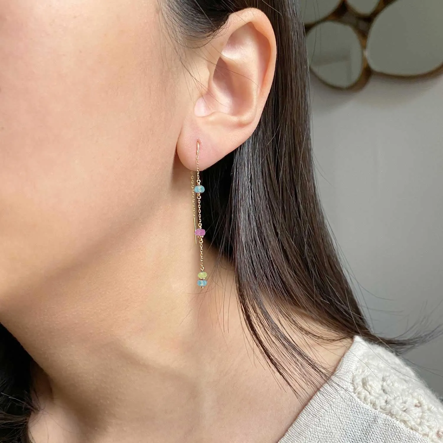 Boho Threader Earrings Apatite, Pink Sapphire and Peridot - 18k Gold - Limited Edition