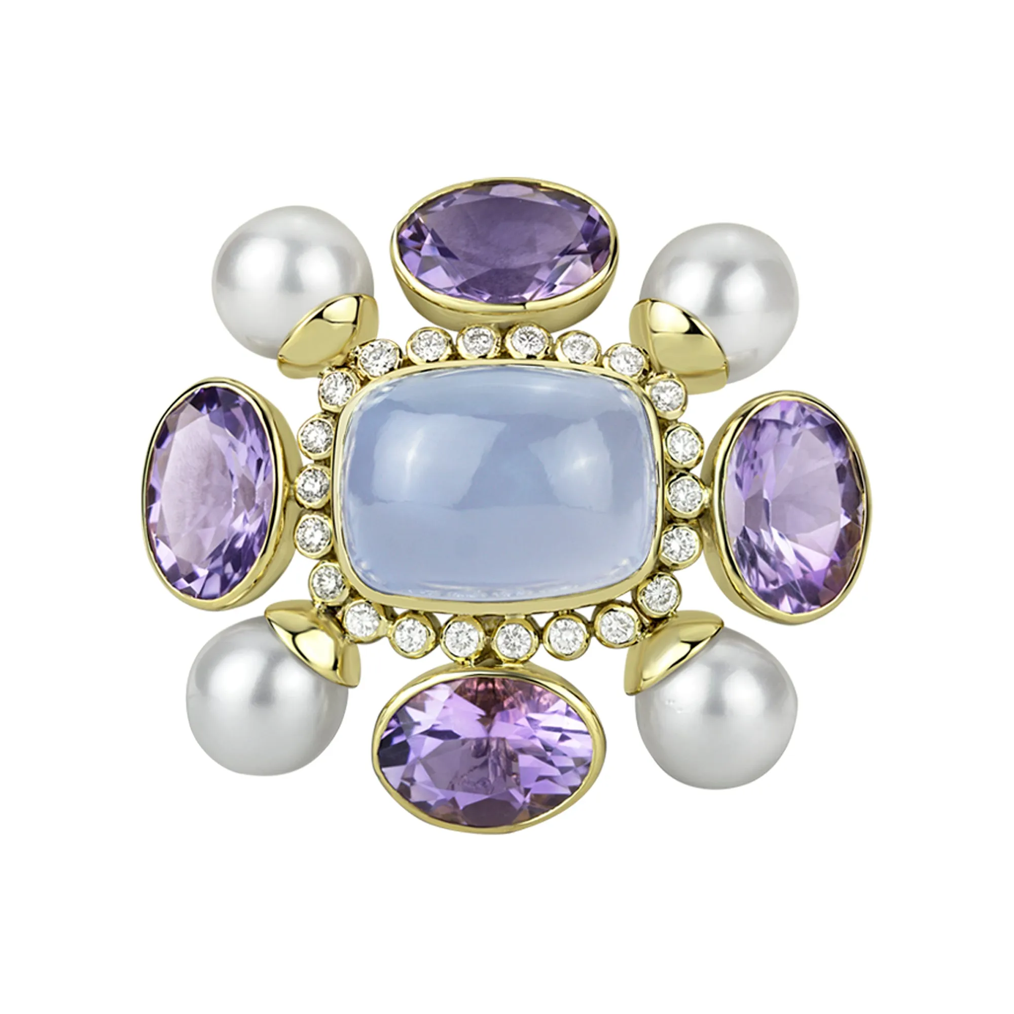 Brooch - Amethyst, Chalcedony, Pearl and Diamond