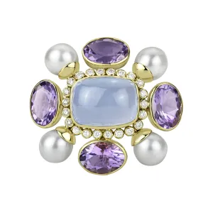 Brooch - Amethyst, Chalcedony, Pearl and Diamond