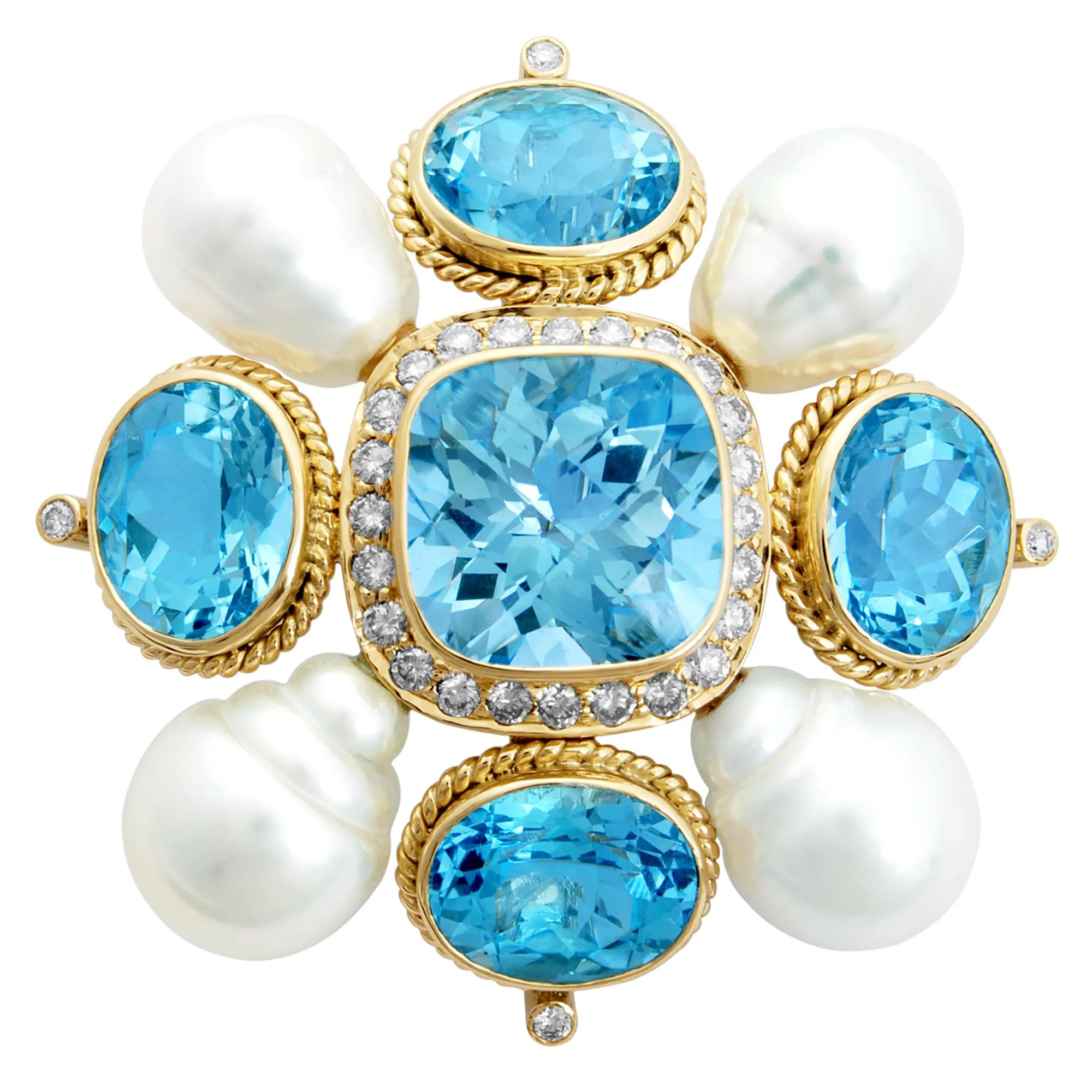 Brooch - Blue Topaz, Fresh Water Pearl and Diamond