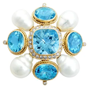 Brooch - Blue Topaz, Fresh Water Pearl and Diamond