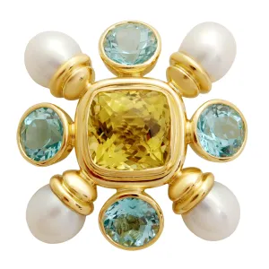 Brooch - Blue Topaz, Lemon Quartz and Fresh Water Pearl