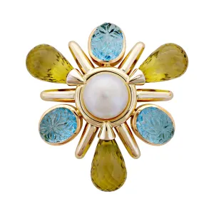 Brooch - Blue Topaz, Lemon Quartz and Pearl