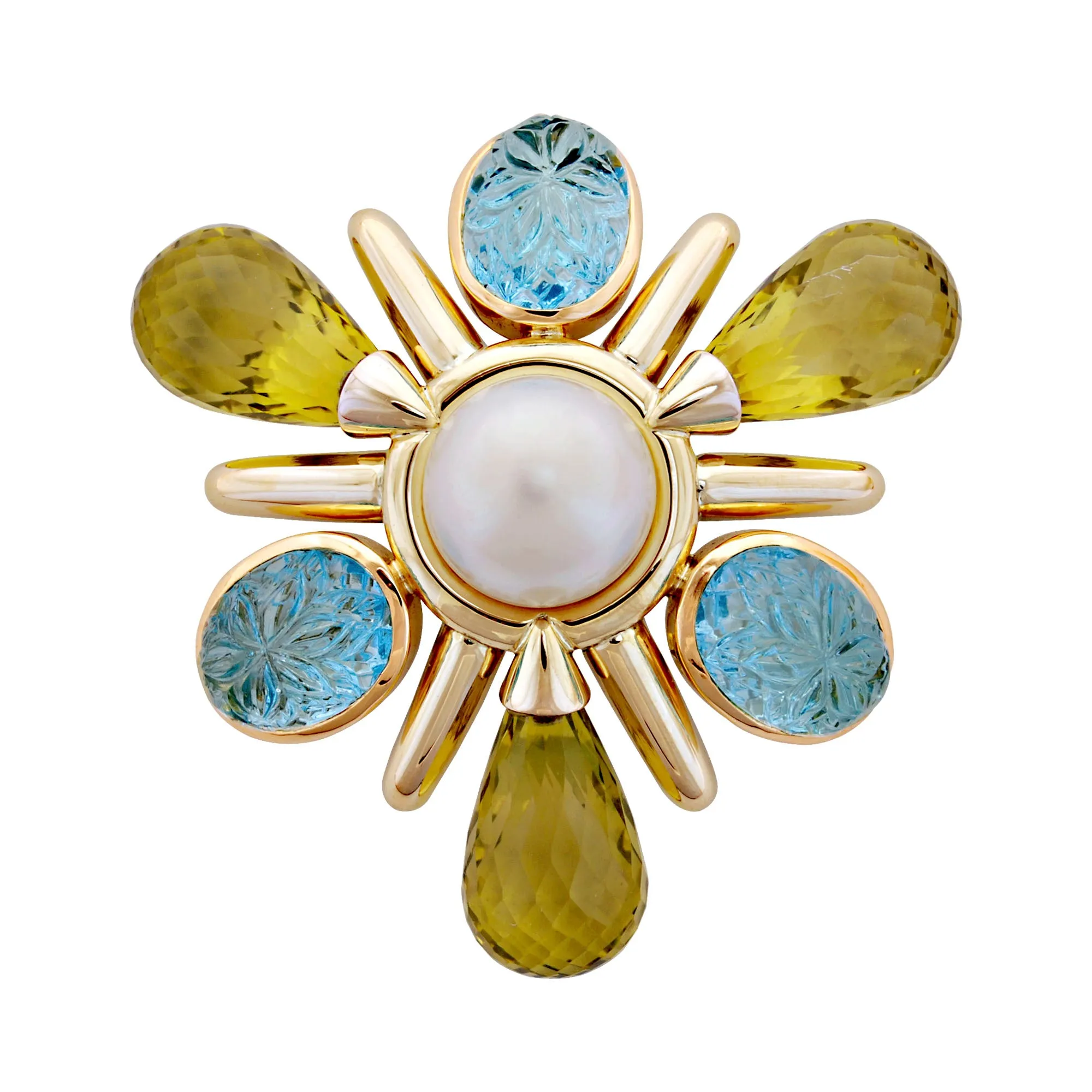 Brooch - Blue Topaz, Lemon Quartz and Pearl
