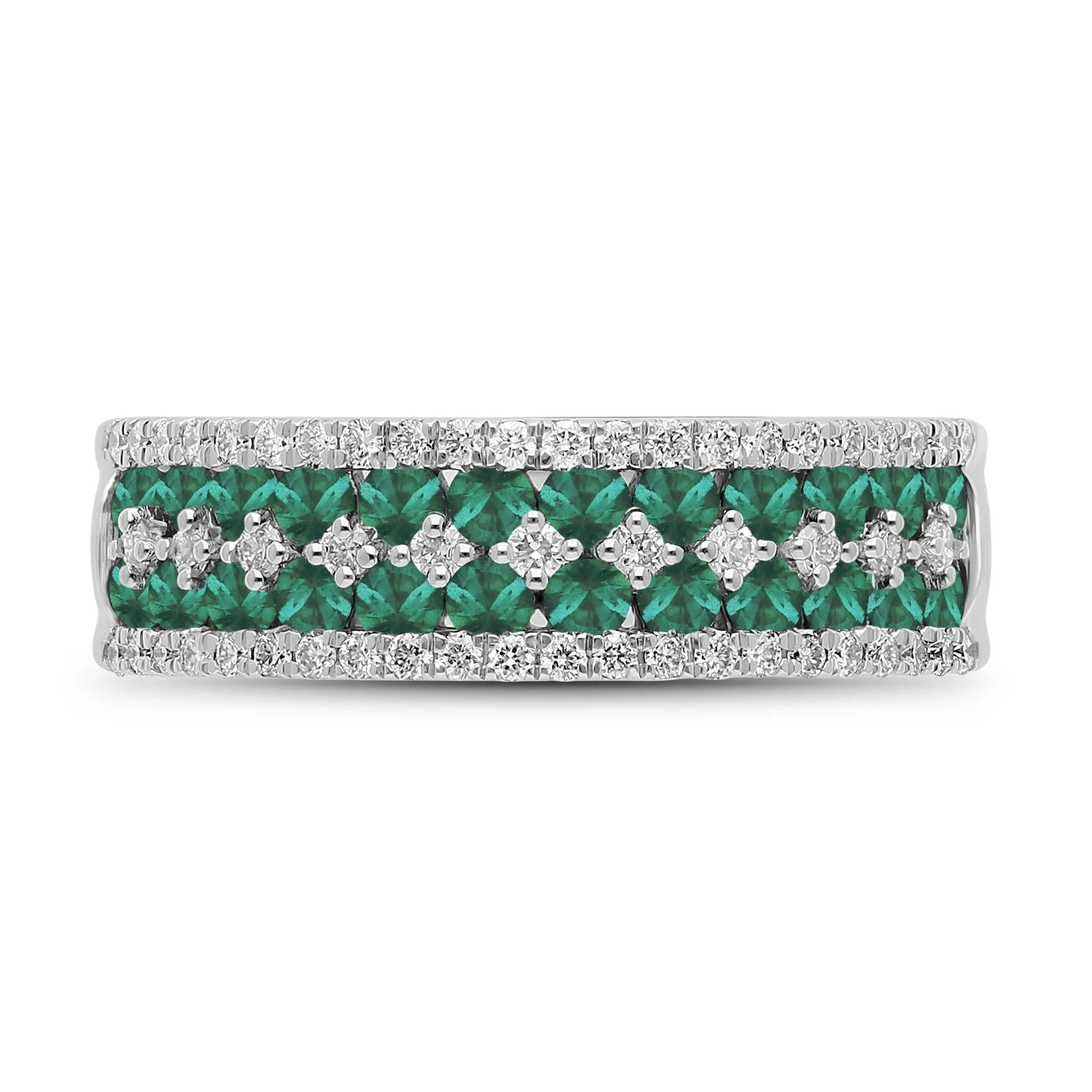Emerald Round and Diamond Band Ring - WG