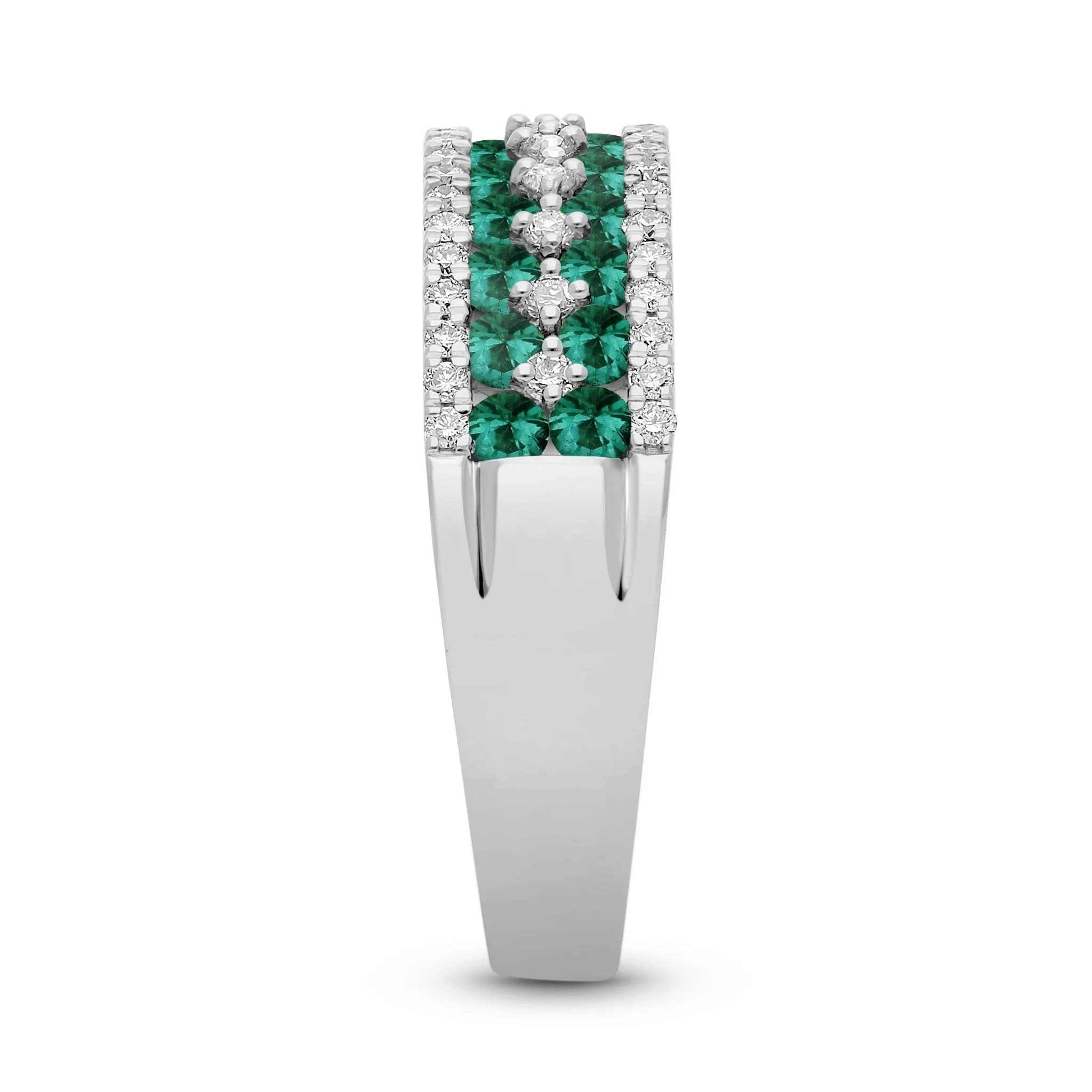 Emerald Round and Diamond Band Ring - WG