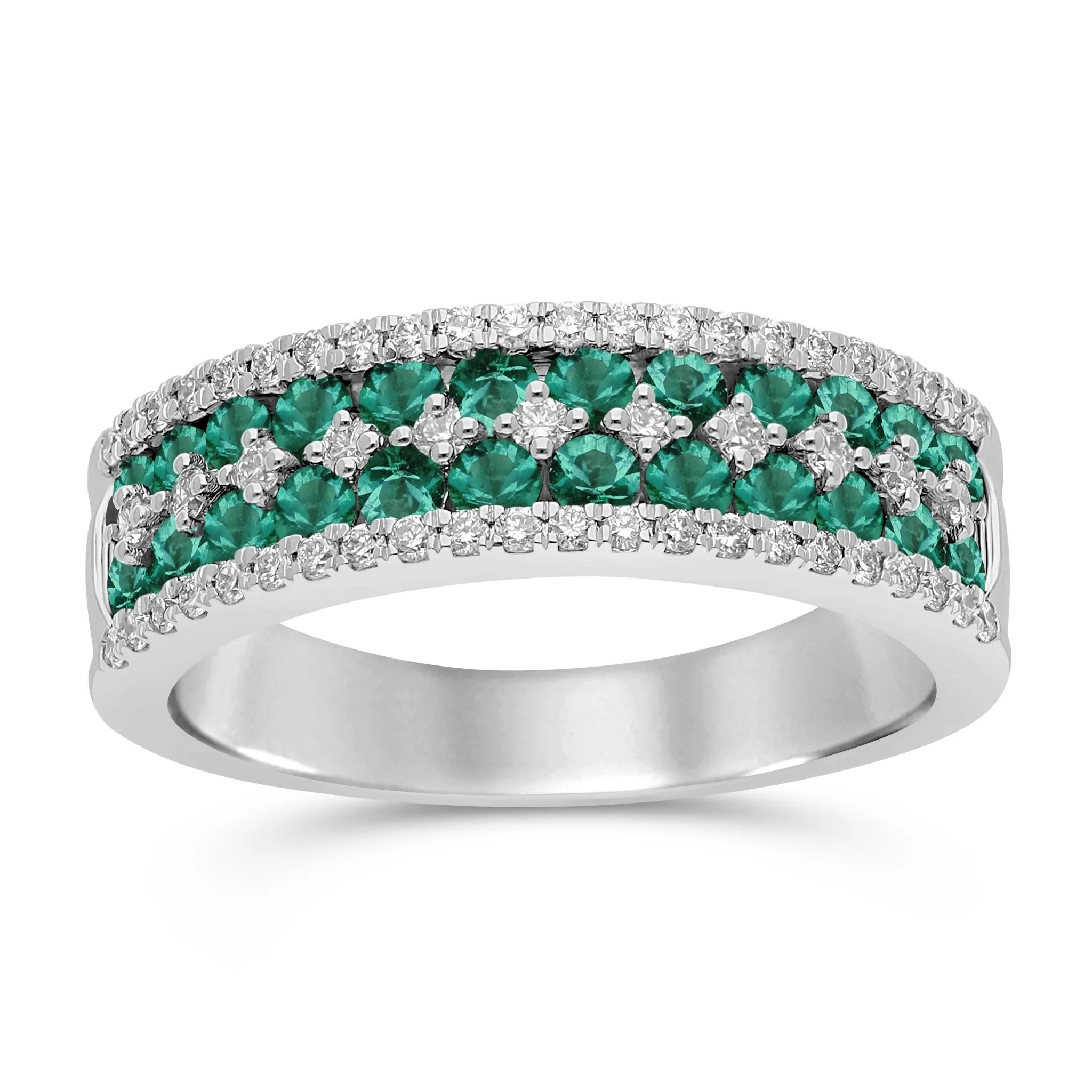 Emerald Round and Diamond Band Ring - WG