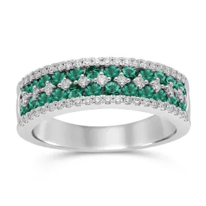 Emerald Round and Diamond Band Ring - WG