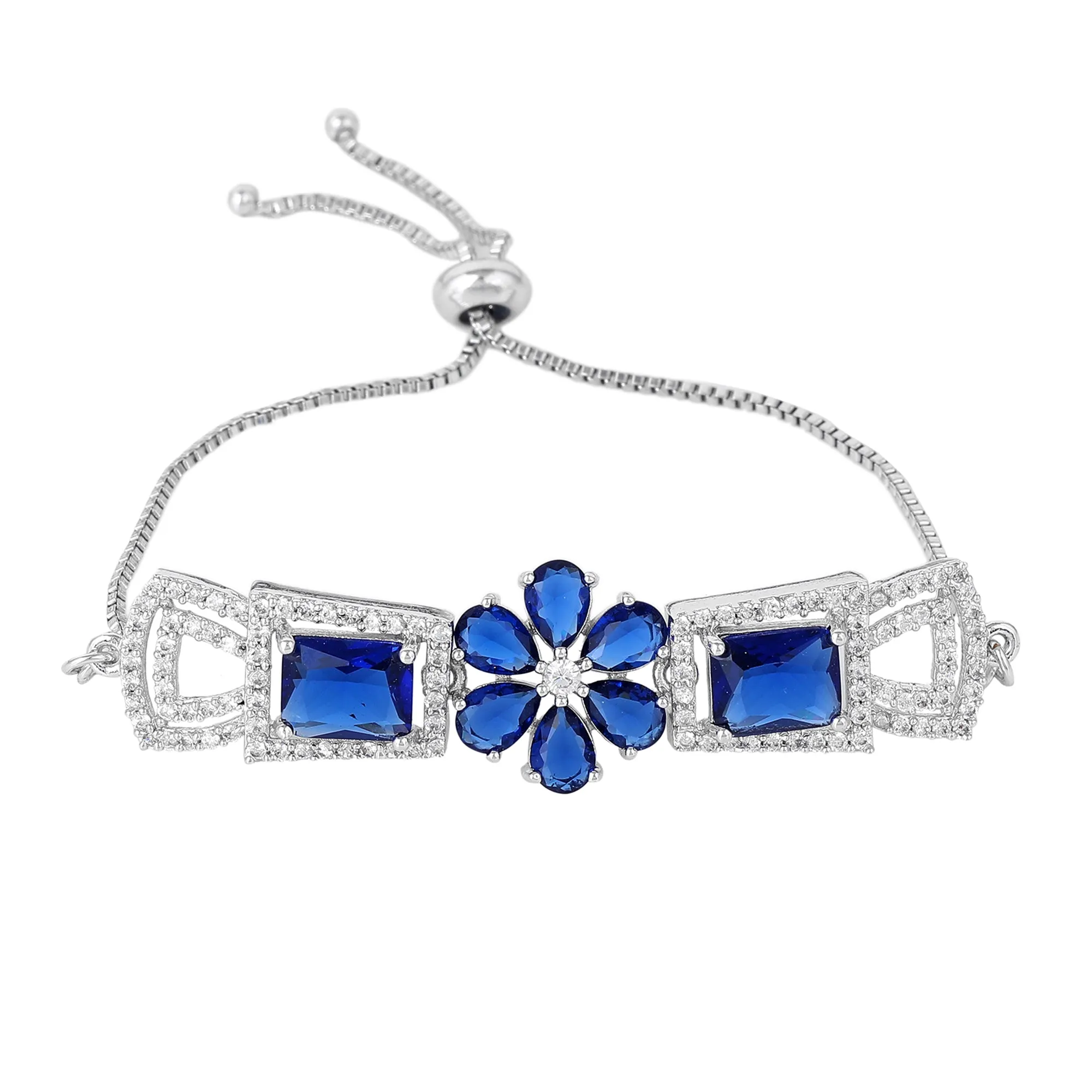 Estele Rhodium Plated Exquisite Floral Motif Enhanced Adjustable Charm Bracelet with Classic Blue American Diamonds for Women