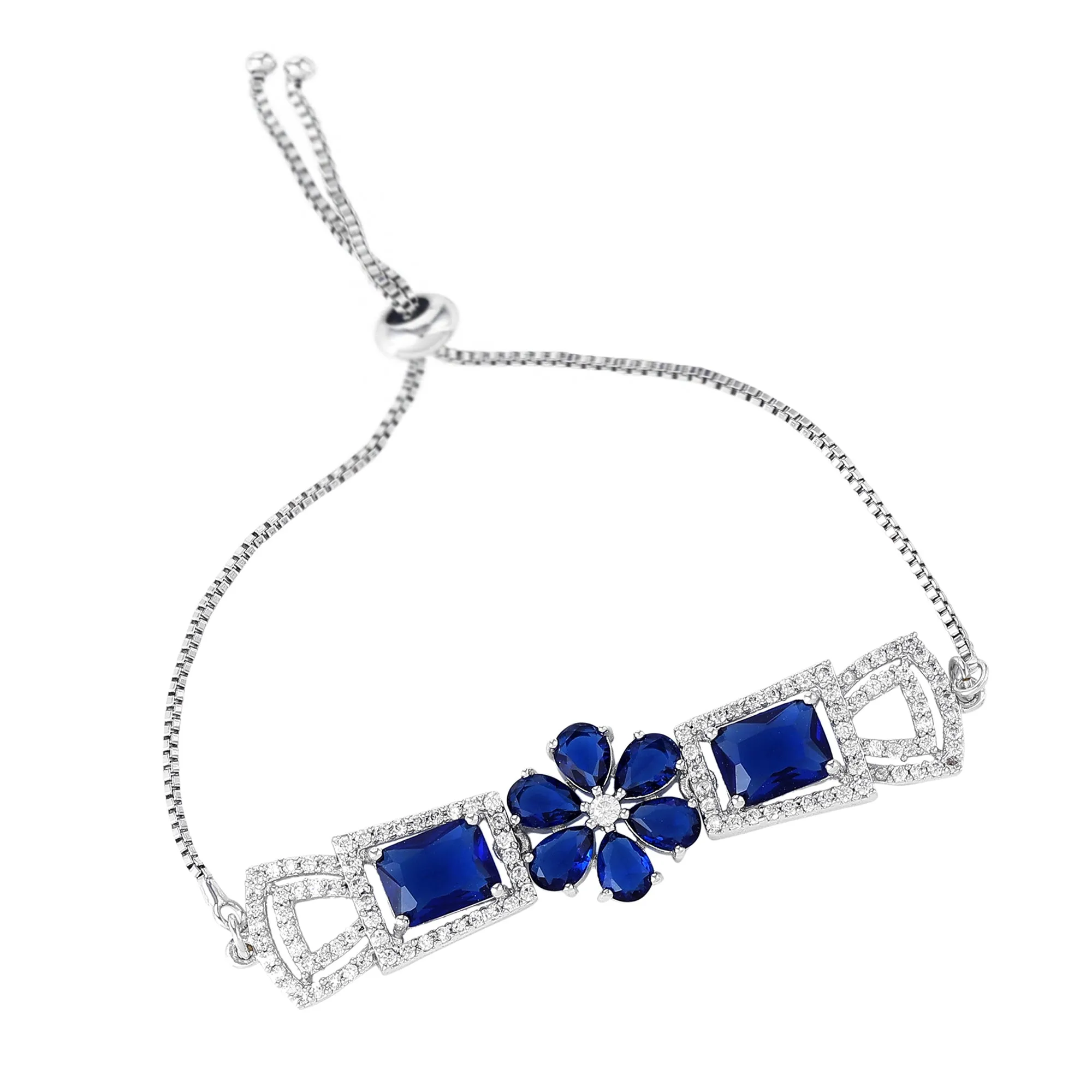 Estele Rhodium Plated Exquisite Floral Motif Enhanced Adjustable Charm Bracelet with Classic Blue American Diamonds for Women