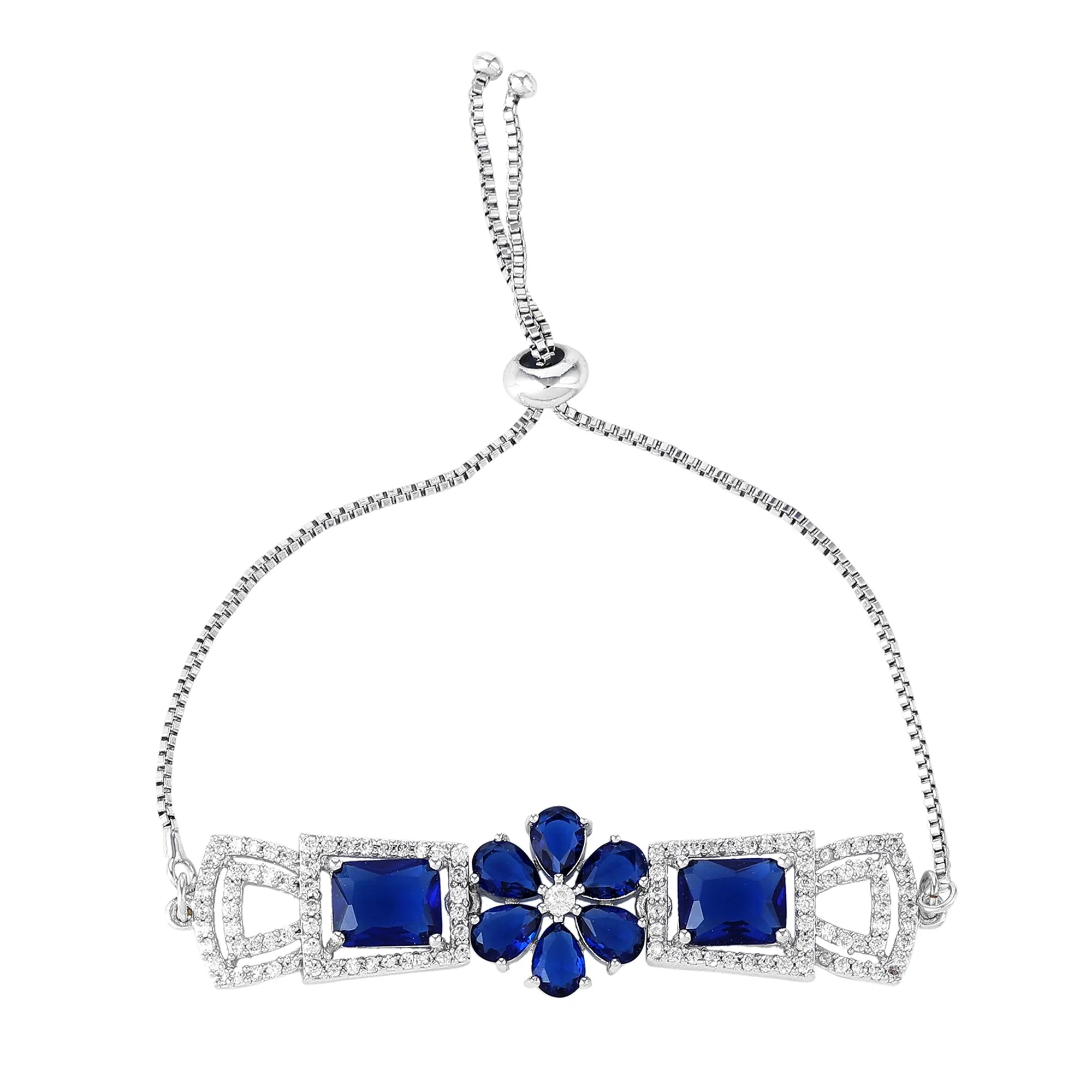 Estele Rhodium Plated Exquisite Floral Motif Enhanced Adjustable Charm Bracelet with Classic Blue American Diamonds for Women