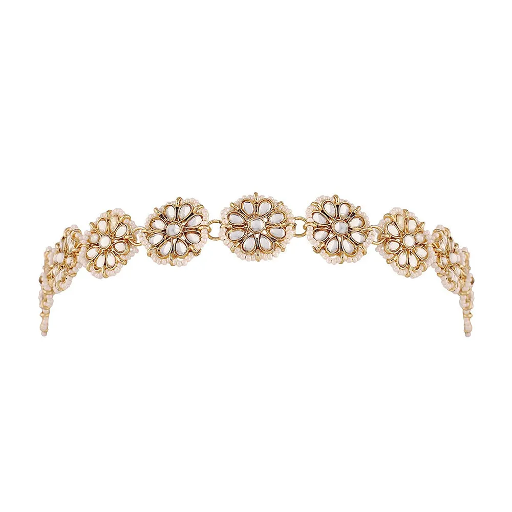 Etnico18k Gold Plated Traditional Floral Kundan Pearl Studded Rajasthani Sheeshphool/ Mathapatti for Women (T2064W)