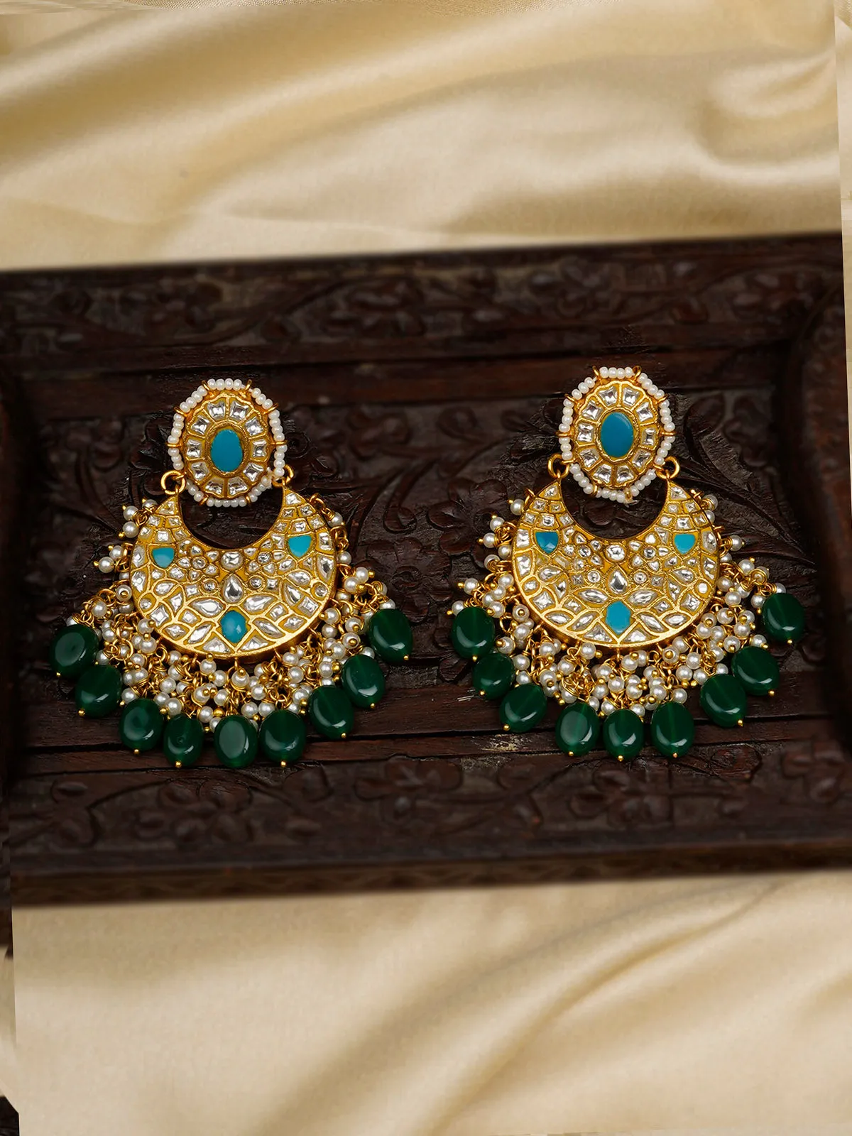 Firoza Color Gold Plated Thappa Jadau Kundan Earrings - TJ-E89WF