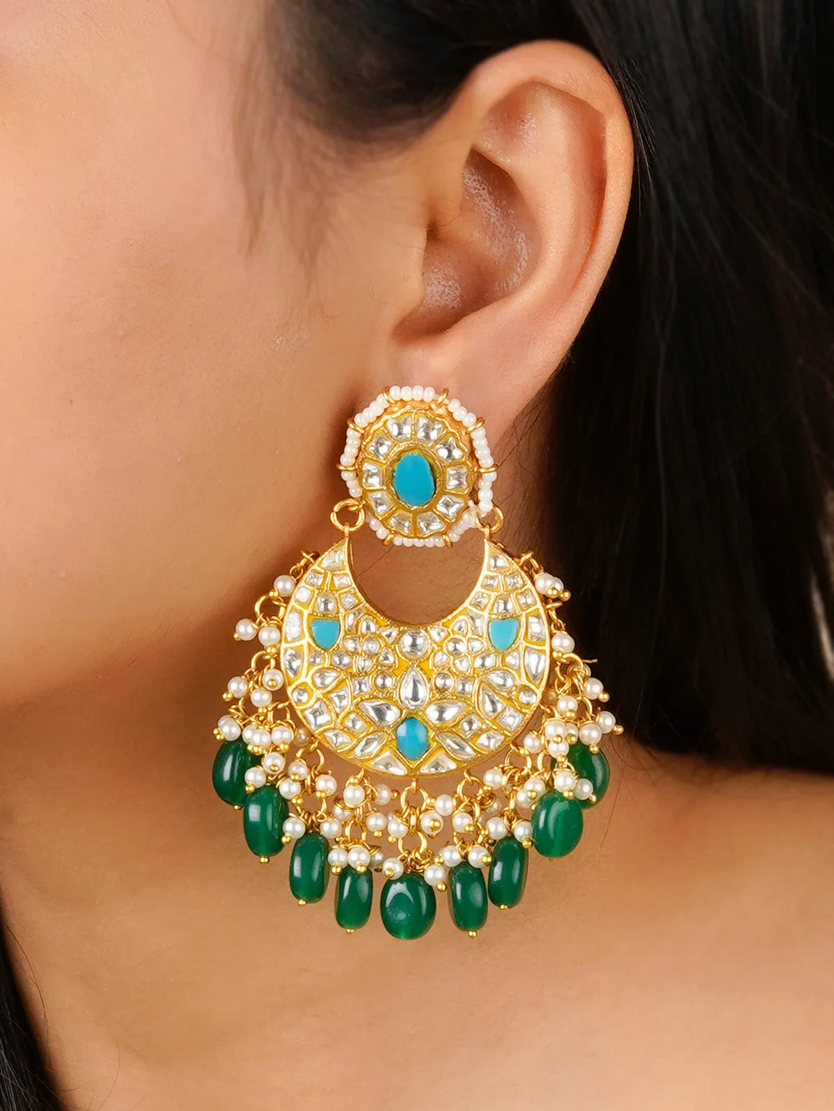 Firoza Color Gold Plated Thappa Jadau Kundan Earrings - TJ-E89WF