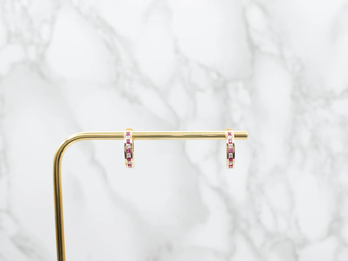 Gold Ruby and Diamond Hinged Huggie Hoop Earrings