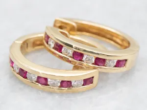 Gold Ruby and Diamond Hinged Huggie Hoop Earrings