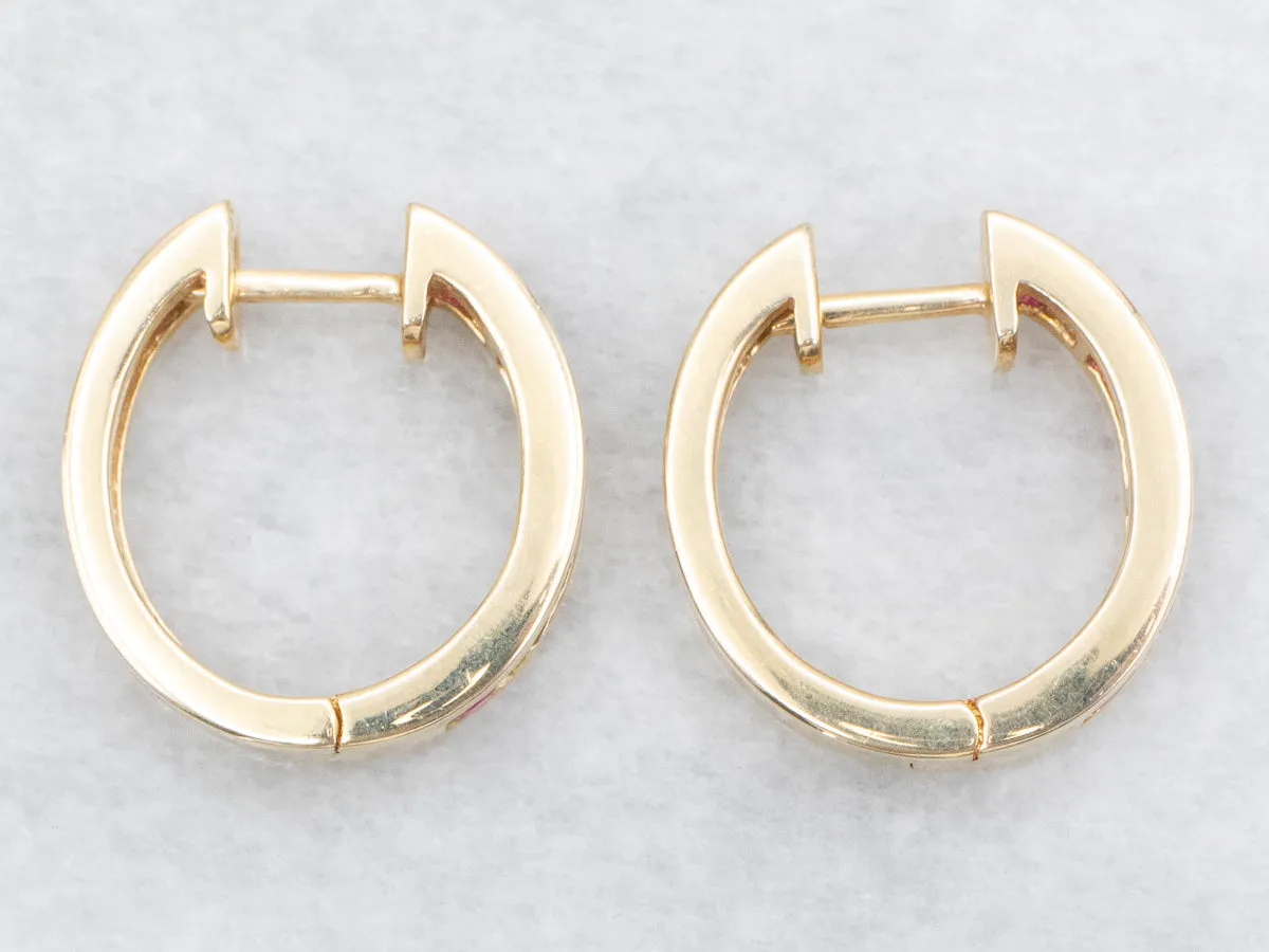 Gold Ruby and Diamond Hinged Huggie Hoop Earrings