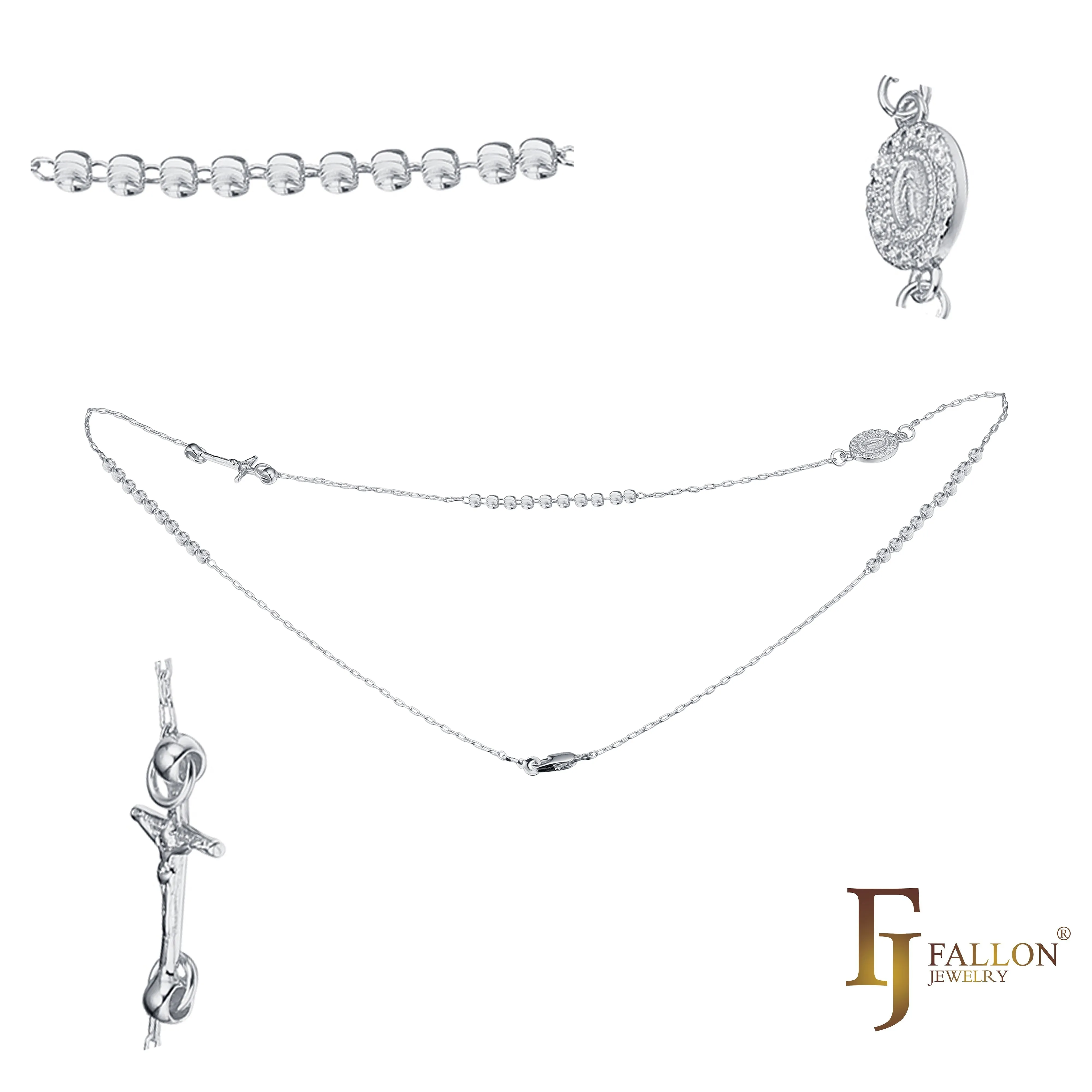Italian Virgin of Guadalupe Catholic Rosary Necklace plated in White Gold, 14K Gold, 18K Gold