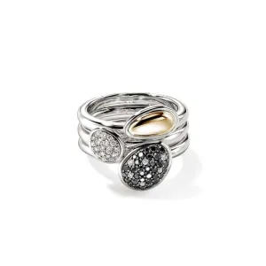 John Hardy Pebble Black Sand Diamond Pav Stacking Rings (Set of 3) in Sterling Silver and 14K Yellow Gold