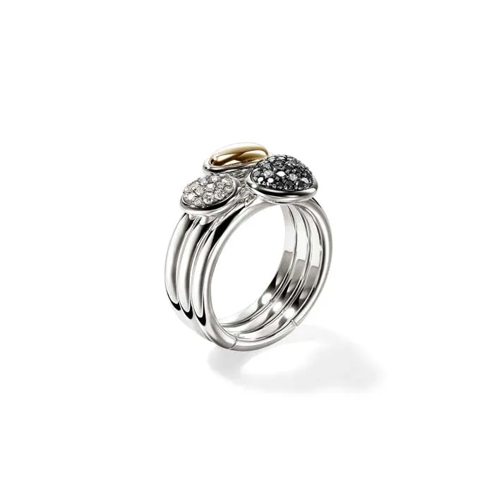 John Hardy Pebble Black Sand Diamond Pav Stacking Rings (Set of 3) in Sterling Silver and 14K Yellow Gold