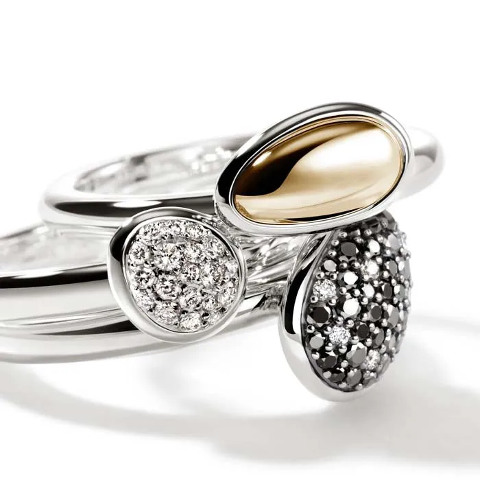 John Hardy Pebble Black Sand Diamond Pav Stacking Rings (Set of 3) in Sterling Silver and 14K Yellow Gold