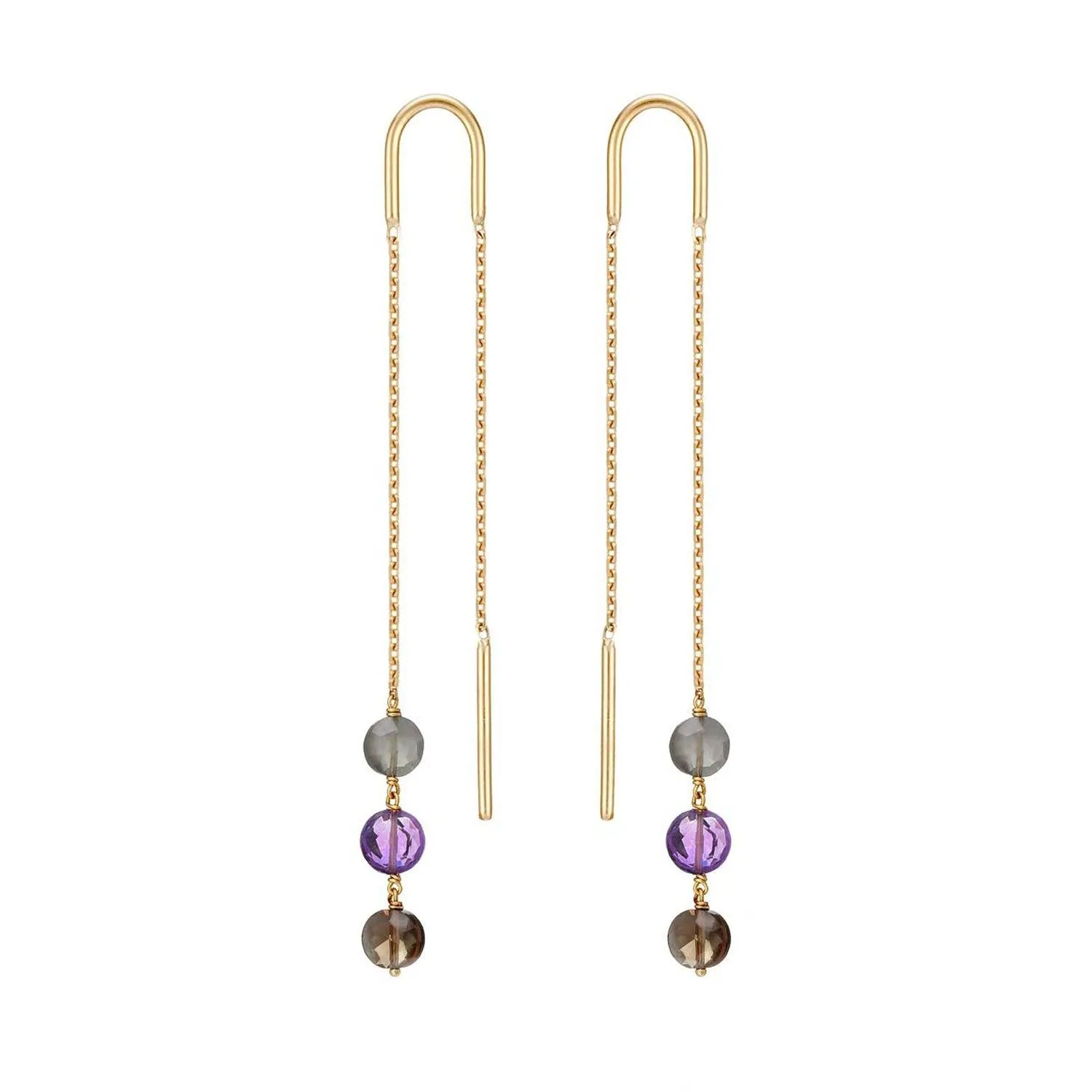Long Trio Threader Earrings 18k Gold Amethyst Grey Moonstone Smoky Quartz