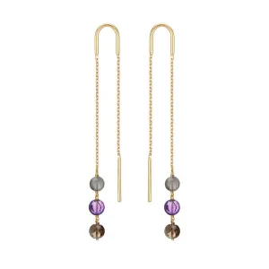 Long Trio Threader Earrings 18k Gold Amethyst Grey Moonstone Smoky Quartz