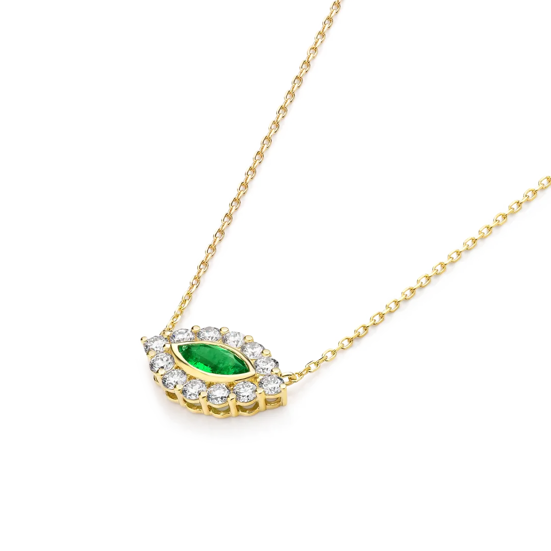 Marquise Evil Eye Colombian Emerald And Diamond Pendant Yellow Gold