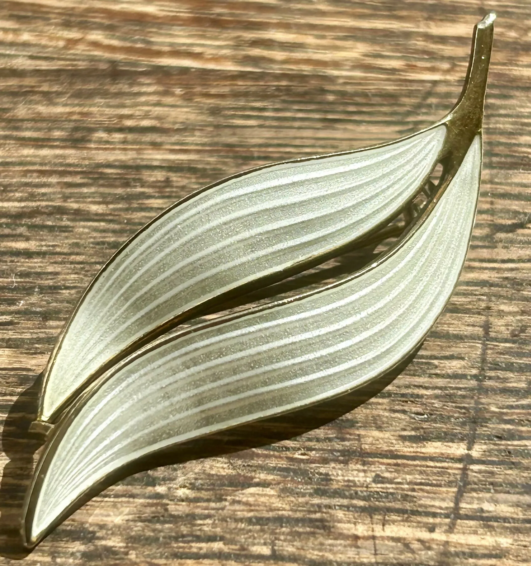 Modern Mid Century Aksel Holmsen Sterling Silver 1960??s Snowdrop White Enamel Leaf Brooch
