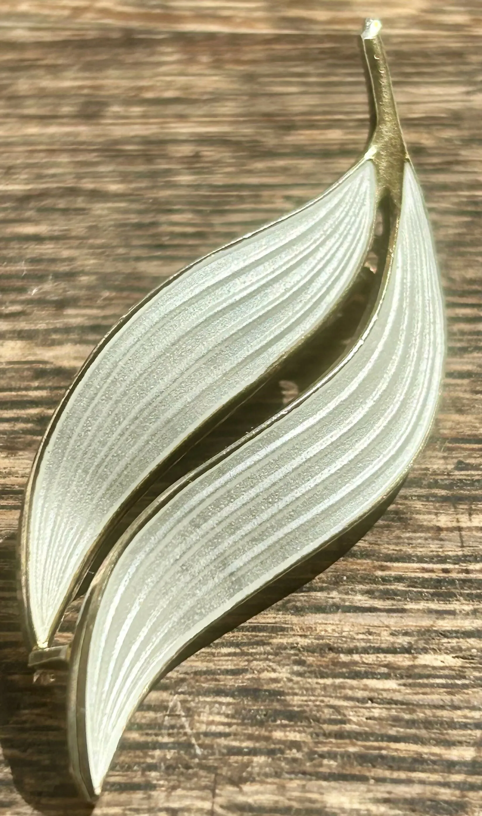 Modern Mid Century Aksel Holmsen Sterling Silver 1960??s Snowdrop White Enamel Leaf Brooch