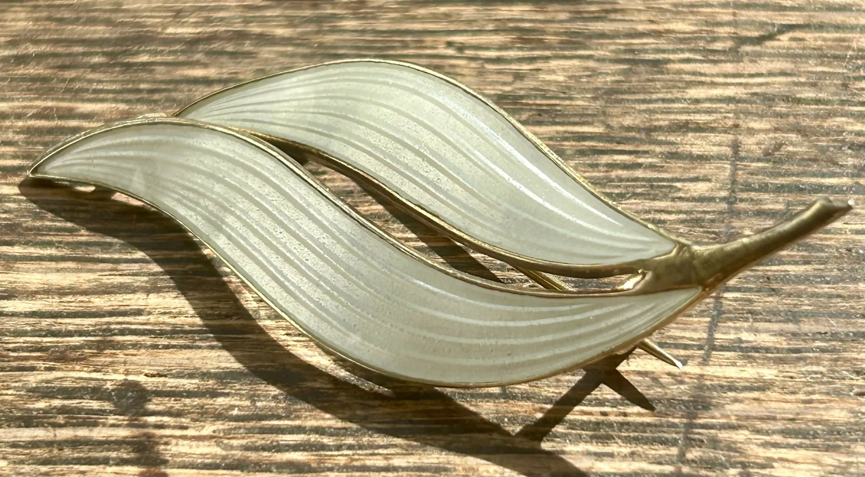 Modern Mid Century Aksel Holmsen Sterling Silver 1960??s Snowdrop White Enamel Leaf Brooch