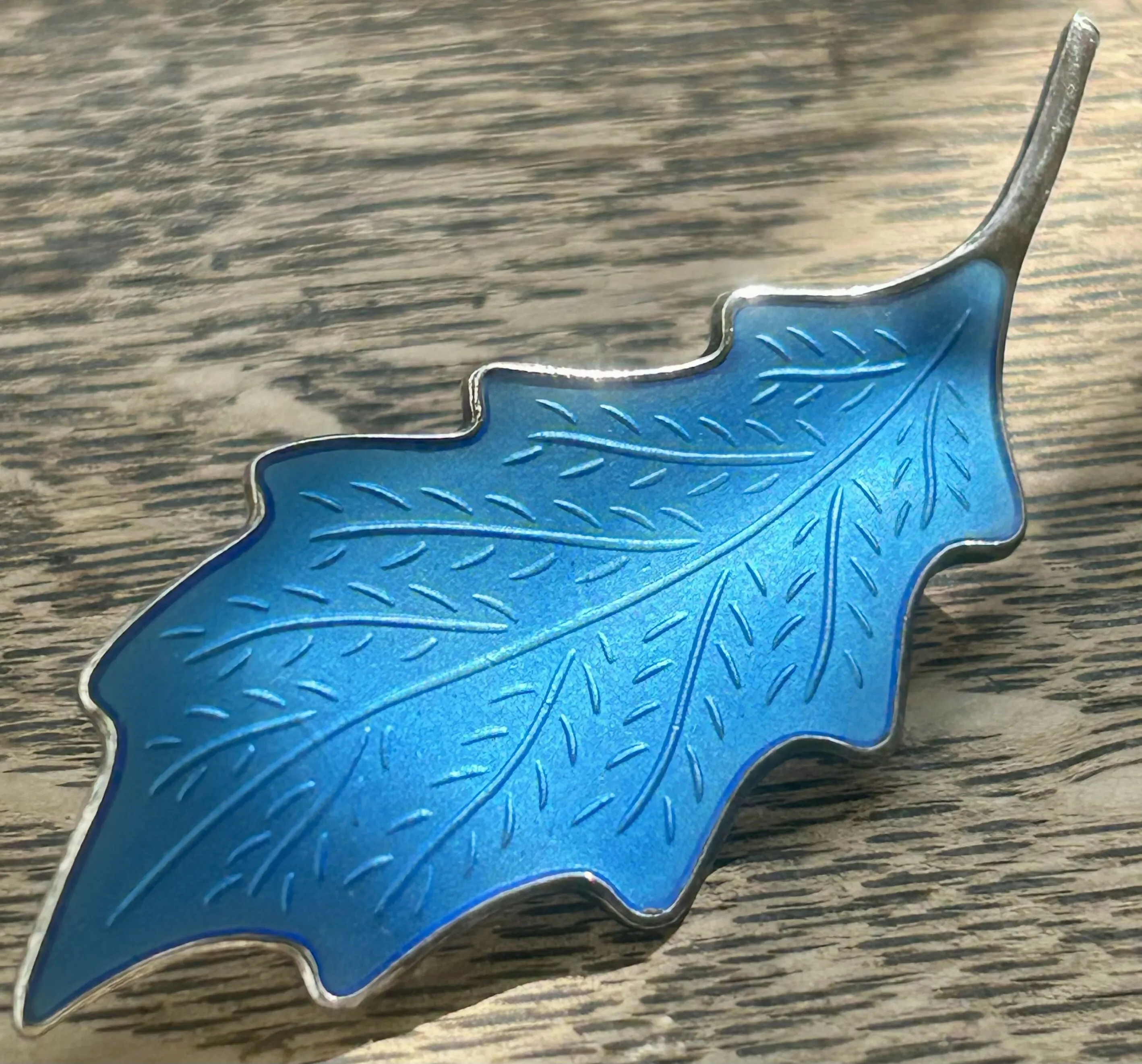 Modern Mid Century Knut A Rasmussen Sterling Silver 1960??s Electric Blue Enamel Leaf Brooch