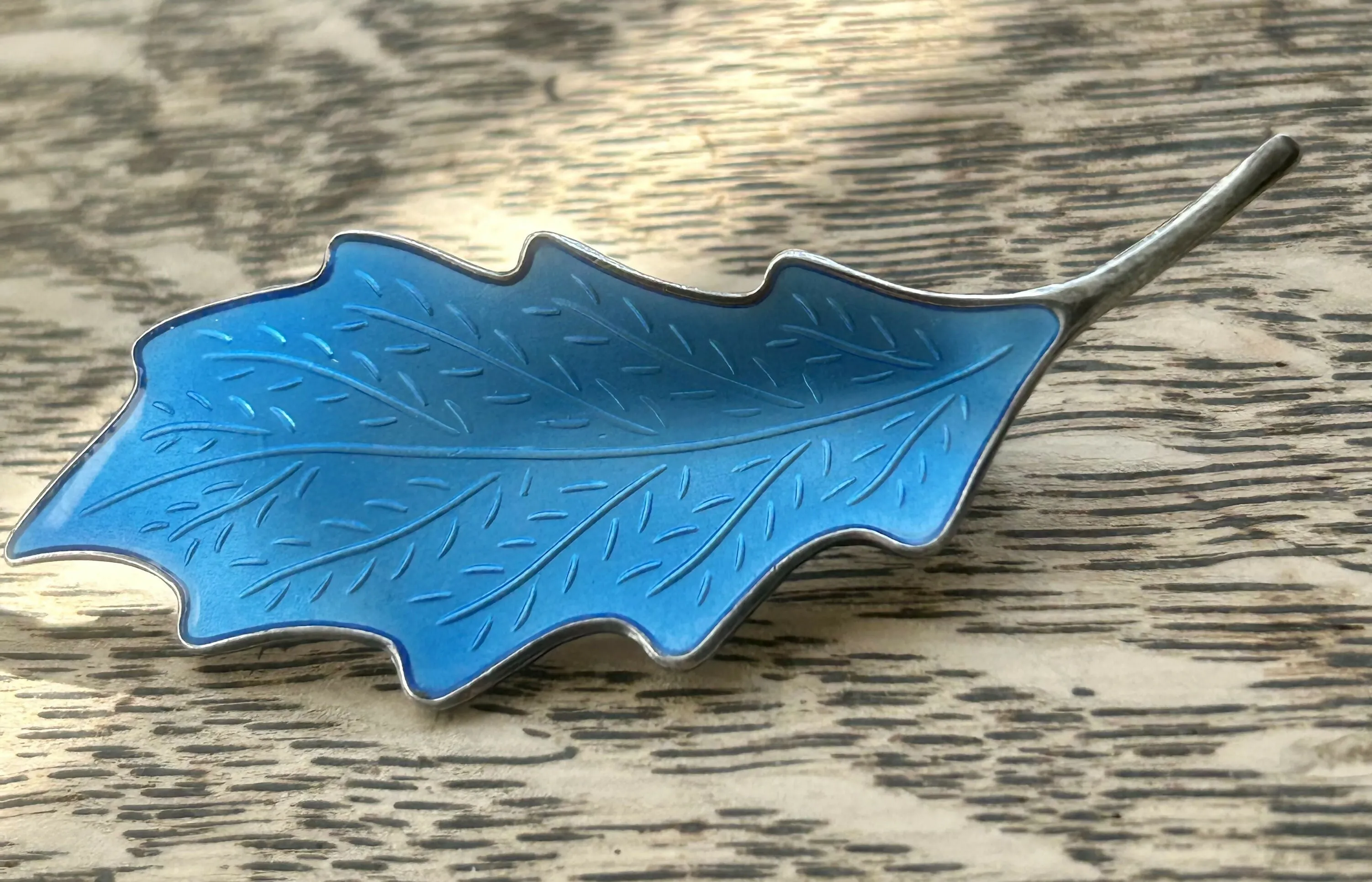 Modern Mid Century Knut A Rasmussen Sterling Silver 1960??s Electric Blue Enamel Leaf Brooch